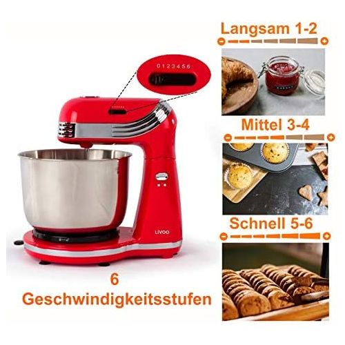  Marke: Domoclip Kuechenmaschine mit Edelstahl-Ruehrschuessel 3 Liter Knetmaschine Ruehrmaschine (250 Watt, 6 Stufen, Ruehrbesen,Knethaken, Auswurftaste, Rot)