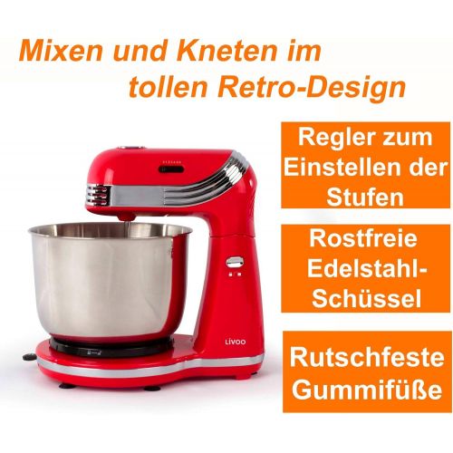  Marke: Domoclip Kuechenmaschine mit Edelstahl-Ruehrschuessel 3 Liter Knetmaschine Ruehrmaschine (250 Watt, 6 Stufen, Ruehrbesen,Knethaken, Auswurftaste, Rot)