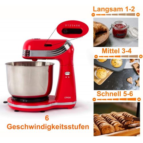  Marke: Domoclip Kuechenmaschine mit Edelstahl-Ruehrschuessel 3 Liter Knetmaschine Ruehrmaschine (250 Watt, 6 Stufen, Ruehrbesen,Knethaken, Auswurftaste, Rot)