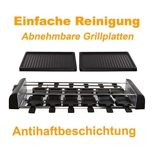  Domoclip Grosser Raclette Grill 12 Personen Grillplatte Tischgrill Elektrogrill 2 Grillplatten (12 Pfannchen, 1800 Watt, Antihaftbeschichtung, Party Grill)