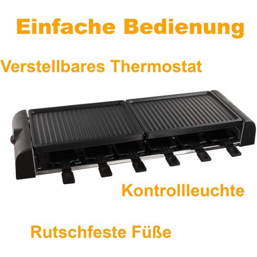  Domoclip Grosser Raclette Grill 12 Personen Grillplatte Tischgrill Elektrogrill 2 Grillplatten (12 Pfannchen, 1800 Watt, Antihaftbeschichtung, Party Grill)