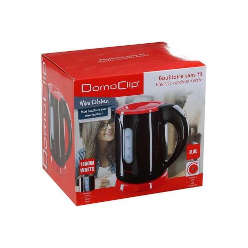  Domoclip Kleiner Wasserkocher 0,8 Liter Kabellos Edelstahl Heizelement 1100 Watt Camping (UEberhitzungsschutz, Automatische Abschaltung, Sicherheitsklappdeckel, Schwarz Rot)