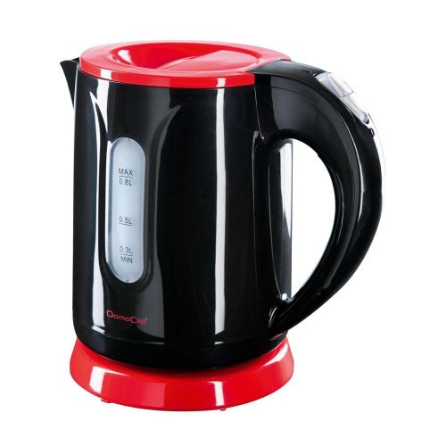  Domoclip Kleiner Wasserkocher 0,8 Liter Kabellos Edelstahl Heizelement 1100 Watt Camping (UEberhitzungsschutz, Automatische Abschaltung, Sicherheitsklappdeckel, Schwarz Rot)