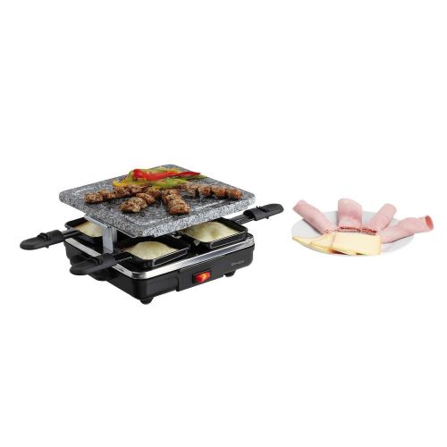  Domoclip Raclette for 4 People Hot Stone Electric Barbecue with 4 Pans, Non-Stick Coating, Small Table Grill, Square