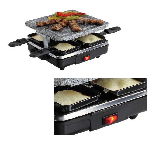  Domoclip Raclette for 4 People Hot Stone Electric Barbecue with 4 Pans, Non-Stick Coating, Small Table Grill, Square