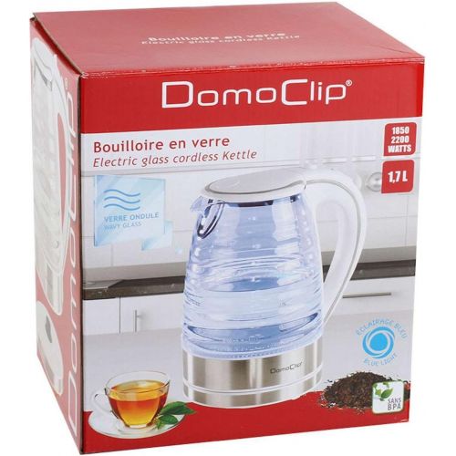  Domoclip Glass Kettle 1.7Litre, 1350Watts Light Stainless Steel (Blue Back LightWirelessAnti-Lime Filter, Water Level Indicator)