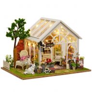 Domybest Miniature Dollhouse Furniture Kit Wooden Dollhouse Miniatures DIY House Kit with Cover and Led Light- Sunshine Room