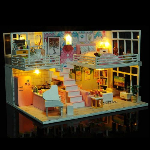  Domybest Miniature Dollhouse Furniture Kit Wooden Dollhouse Miniatures DIY House Kit with Cover and Led Light