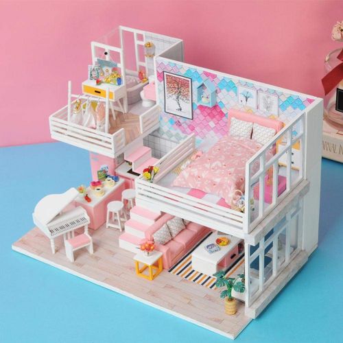  Domybest Miniature Dollhouse Furniture Kit Wooden Dollhouse Miniatures DIY House Kit with Cover and Led Light