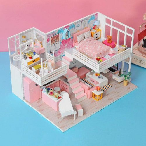  Domybest Miniature Dollhouse Furniture Kit Wooden Dollhouse Miniatures DIY House Kit with Cover and Led Light