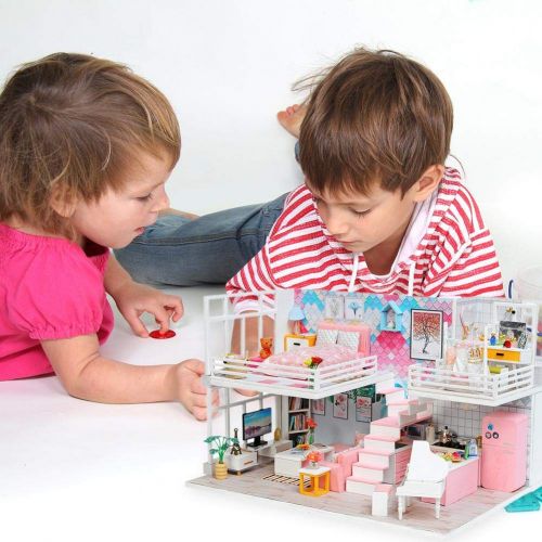  Domybest Miniature Dollhouse Furniture Kit Wooden Dollhouse Miniatures DIY House Kit with Cover and Led Light
