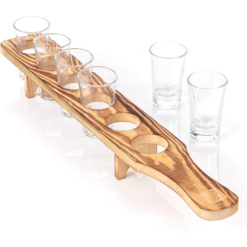  [아마존베스트]Don Paragone Shot Glasses Serving Tray and Shot Glass Set of 6 - Unique Rustic Wooden Holder for Drinking, Serving, Display and Storage - For Restaurant, Bar, Party, Family Gatheri