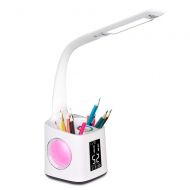 Donewin LED Desk Lamp with USB Charging Port&Pen Holder, Study Light with Clock&Calendar, Study Lamp for Kids/Girls/Boys, Eye-Caring Desk Light for Office/Work/Reading, Colorful Ni