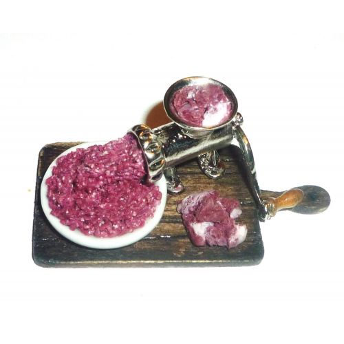  Donlane Meat grinder, the meat on the board, meat. Dollhouse miniature 1:12