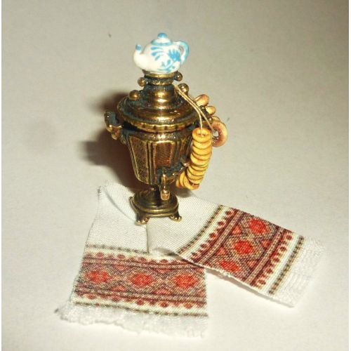  Donlane Russian samovar + towel + bagels Russian (Bublik). Dollhouse miniature 1:12