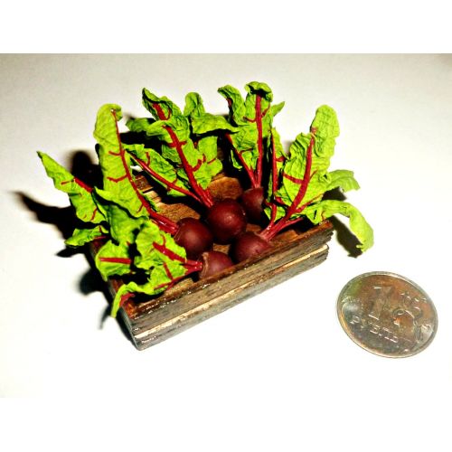  Donlane Vegetables in the baskets and boxes. Carrots, radishes, beets. The vegetables for the garden. Dollhouse miniature 1:12