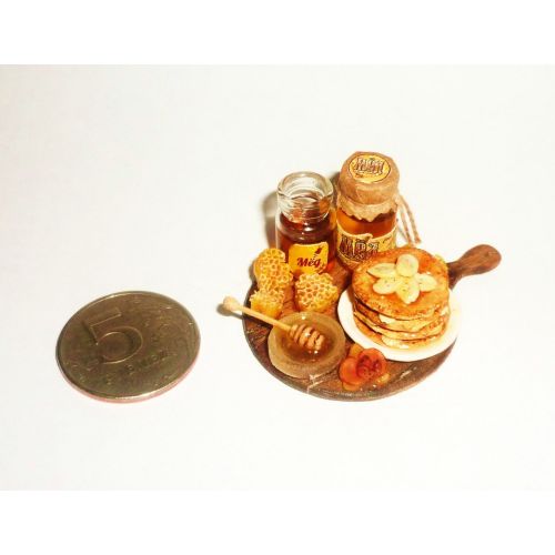  Donlane Dollhouse miniature Honey fritters with honey and bananas, jars of honey 1:12