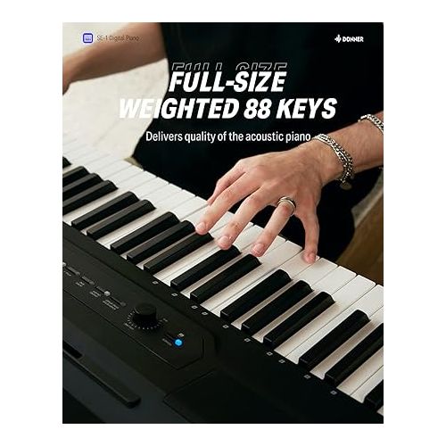  Donner SE-1 88 Key Digital Piano with Graded Hammer Action Weighted Keys, Record, Bluetooth, 4 Reverb, LCD Screen, MIDI IN/OUT, 88 Key Weighted Keyboard Piano Bundle with Stand, Headphone, Three Pedal