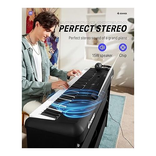  Donner SE-1 88 Key Digital Piano with Graded Hammer Action Weighted Keys, Record, Bluetooth, 4 Reverb, LCD Screen, MIDI IN/OUT, 88 Key Weighted Keyboard Piano Bundle with Stand, Headphone, Three Pedal