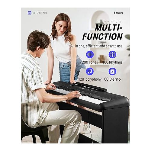  Donner SE-1 88 Key Digital Piano with Graded Hammer Action Weighted Keys, Record, Bluetooth, 4 Reverb, LCD Screen, MIDI IN/OUT, 88 Key Weighted Keyboard Piano Bundle with Stand, Headphone, Three Pedal