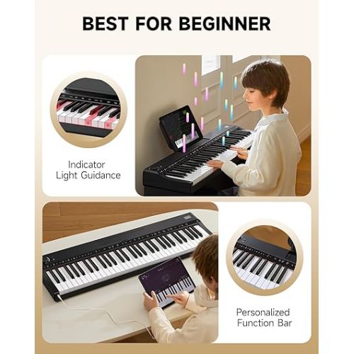  Donner Electronic Keyboard Piano 61 Key, Indicator Light Guidance Designed for Beginners, with Detachable Piano Stand, Music Stand, Supports USB-MIDI, Aux Out, Headphones, Sustain Pedal, DK-10S Black