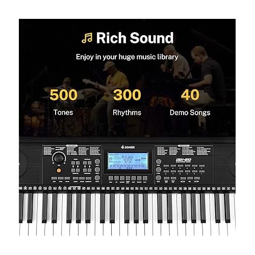  Donner DEK-610 Piano Keyboard, 61 Keys Digital Piano for Beginner/Professional, Electric Piano with Music Stand & Microphone, Supports MP3/USB MIDI/External Audio/Microphone/Headphones/Sustain Pedal