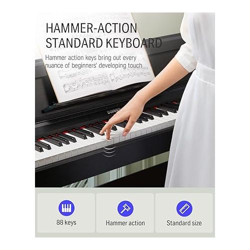  Donner DDP-90 Digital Piano, 88 Key Weighted Piano Keyboard for Beginner/Professional W/Three Pedals, Supports U-disk Music Playing, PC/Tablet/Cell Phone Connecting, Audio In/Output