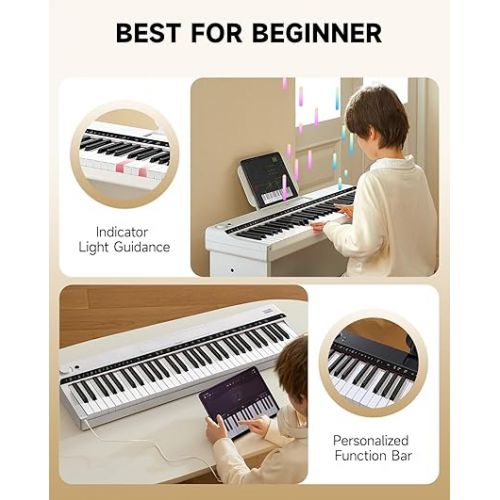  Donner Electronic Keyboard 61 Key Piano, Indicator Light Guidance Designed for Beginners, with Detachable Piano Stand, Music Stand, Supports USB-MIDI, Headphones, Sustain Pedal, AUX OUT, DK-10S White