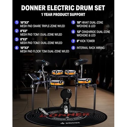  Donner BackBeat Electric Drum Set with High-Tech 7-inch Touchscreen, 1126 Sounds, Customize Drum Pad Colors, Internal Rack Wiring, and Gaming APP for Ultimate Fun