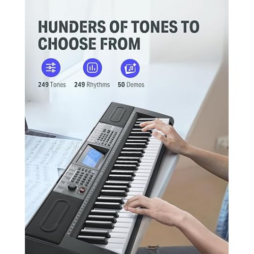  Donner Keyboard Piano, 61 Key Piano Keyboard for Beginner/Professional, Electric Keyboard Kit with 249 Voices, 249 Rhythms - Includes Music Stand, Microphone, Black (DEK-610S)