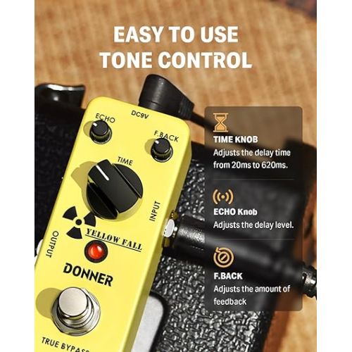  Donner Guitar Delay Pedal for Pedal Boards, Electric Guitar, Yellow Fall Analog Delay Guitar Effect Pedal Vintage Delay True Bypass