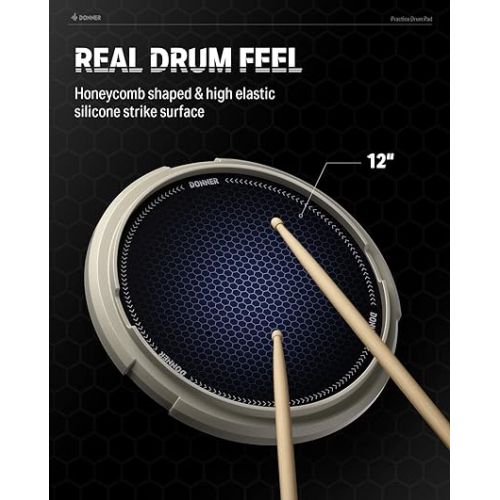  Drum Practice Pad, Donner Drummer Practice Pad - Quiet Drum Pad with Removable Snare Simulation Built-in 800 Steel Balls, Drum Sticks, 40 Standard Rudiments, 12 Inches, White