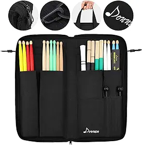 Donner Drumsticks Bag Holder Thickened Large Capacity Drum Sticks Bag Hangable Portable for Drumsticks Brushes Mallets Up to 12 Pairs, Black