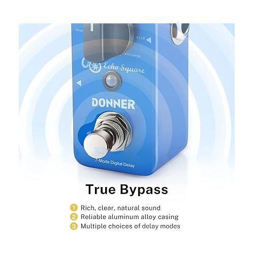  Donner Echo Square Delay Pedal - Digital 7-Modes Delay for Electric Guitar, Multi-Delay including Digital, Analog, Tape, Mod, Sweep, Lofi, Reverse - True Bypass