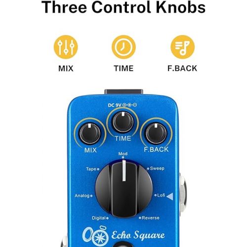  Donner Echo Square Delay Pedal - Digital 7-Modes Delay for Electric Guitar, Multi-Delay including Digital, Analog, Tape, Mod, Sweep, Lofi, Reverse - True Bypass