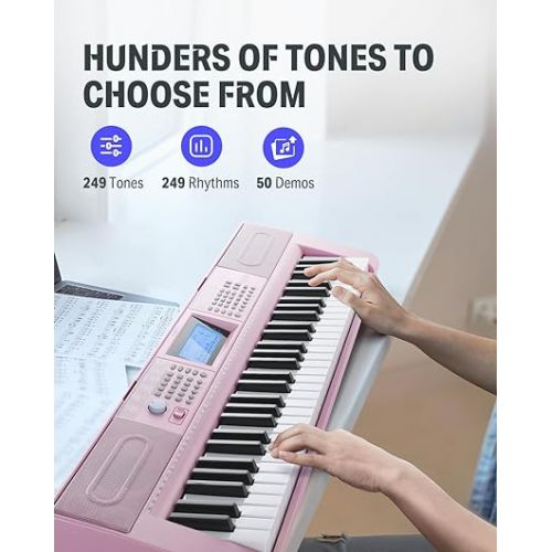  Donner Keyboard Piano 61 Key, Electric Keyboard Kit with 249 Voices, 249 Rhythms - Includes Piano Stand, Stool, Microphone, Gift for Beginners, Pink(DEK-610S)