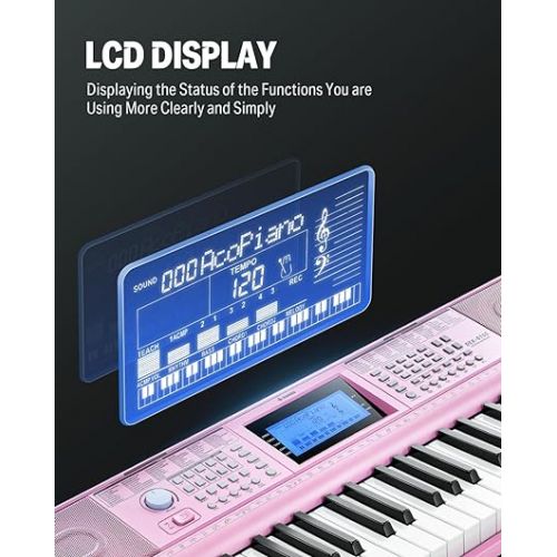  Donner Keyboard Piano 61 Key, Electric Keyboard Kit with 249 Voices, 249 Rhythms - Includes Piano Stand, Stool, Microphone, Gift for Beginners, Pink(DEK-610S)