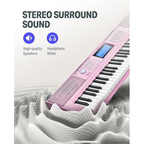  Donner Keyboard Piano 61 Key, Electric Keyboard Kit with 249 Voices, 249 Rhythms - Includes Piano Stand, Stool, Microphone, Gift for Beginners, Pink(DEK-610S)