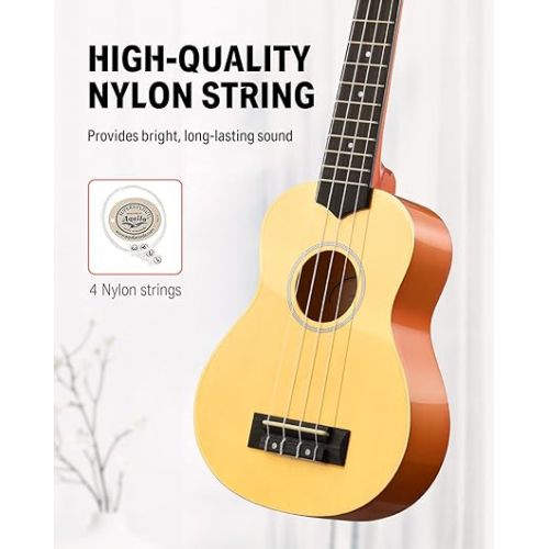  Donner Soprano Ukulele for Beginners 21 Inch Ukelele Starter Bundle Kit with Free Online Lessons Bag Strap String Tuner Picks Cloth Ukalalee Yukalalee (Natural)