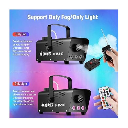  Donner Fog Machine with 13 Colors, 500W and 2000CFM Party Smoke Machine with RGB LED Light, Indicate Light Automatic Control with 2 Wireless Remote Controls for Halloween Festival Wedding