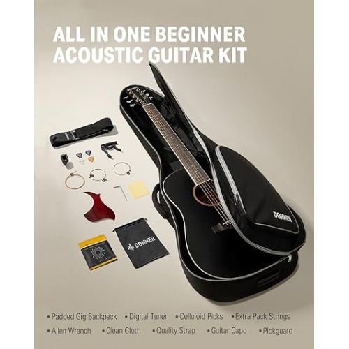  Donner Black Acoustic Guitar Kit for Beginner Adult Teen Full Size Cutaway Acustica Guitarra Starter Bundle Set with Gig Bag Strap Tuner Capo Pickguard String 4 Picks, Right Hand 41”, DAD-160CD