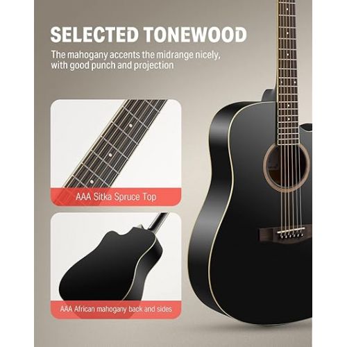  Donner Black Acoustic Guitar Kit for Beginner Adult Teen Full Size Cutaway Acustica Guitarra Starter Bundle Set with Gig Bag Strap Tuner Capo Pickguard String 4 Picks, Right Hand 41”, DAD-160CD