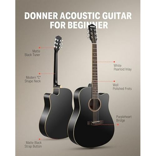  Donner Black Acoustic Guitar Kit for Beginner Adult Teen Full Size Cutaway Acustica Guitarra Starter Bundle Set with Gig Bag Strap Tuner Capo Pickguard String 4 Picks, Right Hand 41”, DAD-160CD