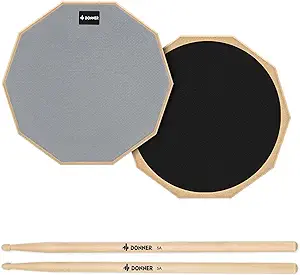 Donner 12 Inches Drum Practice Pad Silent Drum Pad Set Gray 2-Sided With Drum Sticks