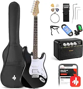 Donner DST-100B 39 Inch Electric Guitar Beginner Kit Solid Body Full Size Black HSS for Starter, with Amplifier, Bag, Digital Tuner, Capo, Strap, String,Cable, Picks