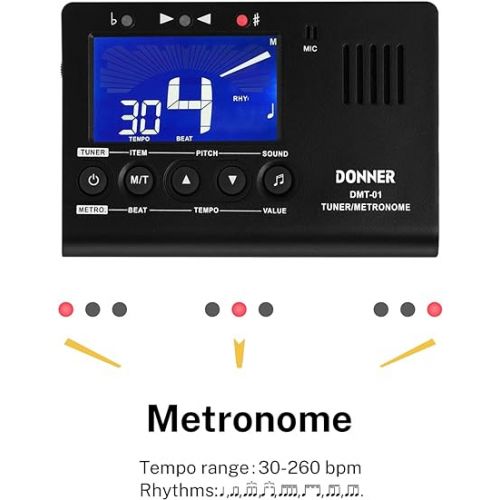  Donner Metronome Tuner for All Instruments - Guitar, Bass, Violin, Ukulele, Trumpet, Chromatic, Clarinet, Flute, 3 in 1 Digital Metronome with Tuner/Metronome/Tone Generator, DMT-01