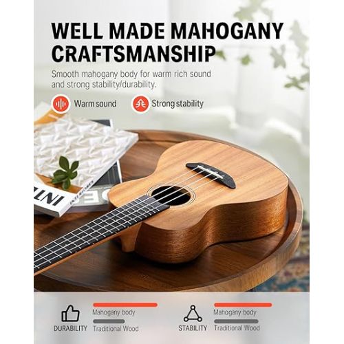  Donner Concert Ukulele Beginner Mahogany 23 Inch Ukelele Kit with Free Online Lesson Gig Bag Strap Nylon String Tuner Picks Cloth DUC-1 Gift Choice