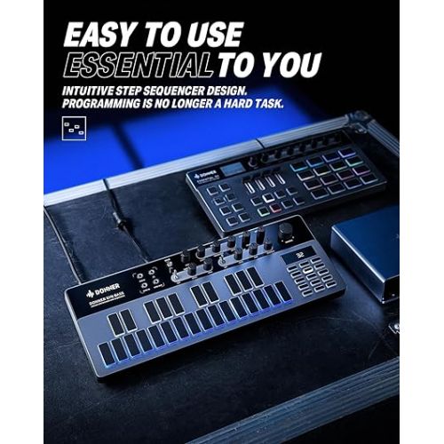  Analog Bass Synthesizer and Sequencer, Donner Essential B1 with Intuitive User Interface, 128 Patterns Memory, Saturation & Delay Effects, Make for Classic Acid Sound