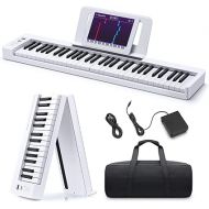 Donner 61-Key Folding Bluetooth Keyboard Piano for Beginners, Portable with Music Rest, Bag, Pedal, and App - White