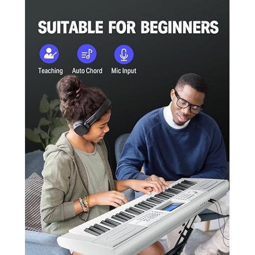  Donner Keyboard Piano 61 Key, Electric Keyboard Kit with 249 Voices, 249 Rhythms - Includes Piano Stand, Stool, Microphone, Gift for Beginners, White(DEK-610S)